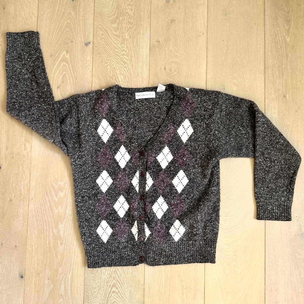 Y2K Paris Sport Club Argyle V-neck Cardigan long sleeve button up sweater.